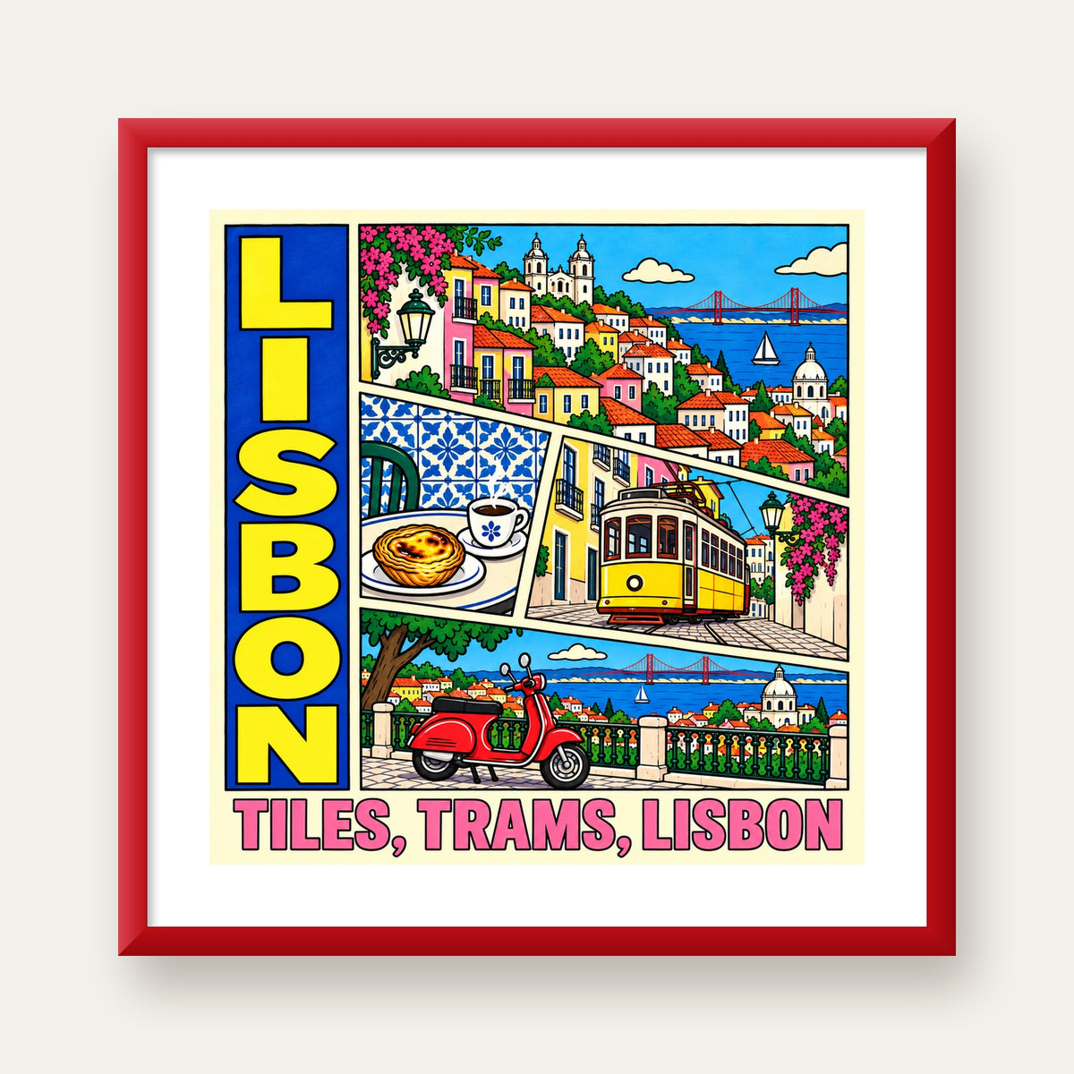 Lizbon Şehri Manzarası Çizgi Roman Stil Poster — kırmızı çerçeveli paspartulu