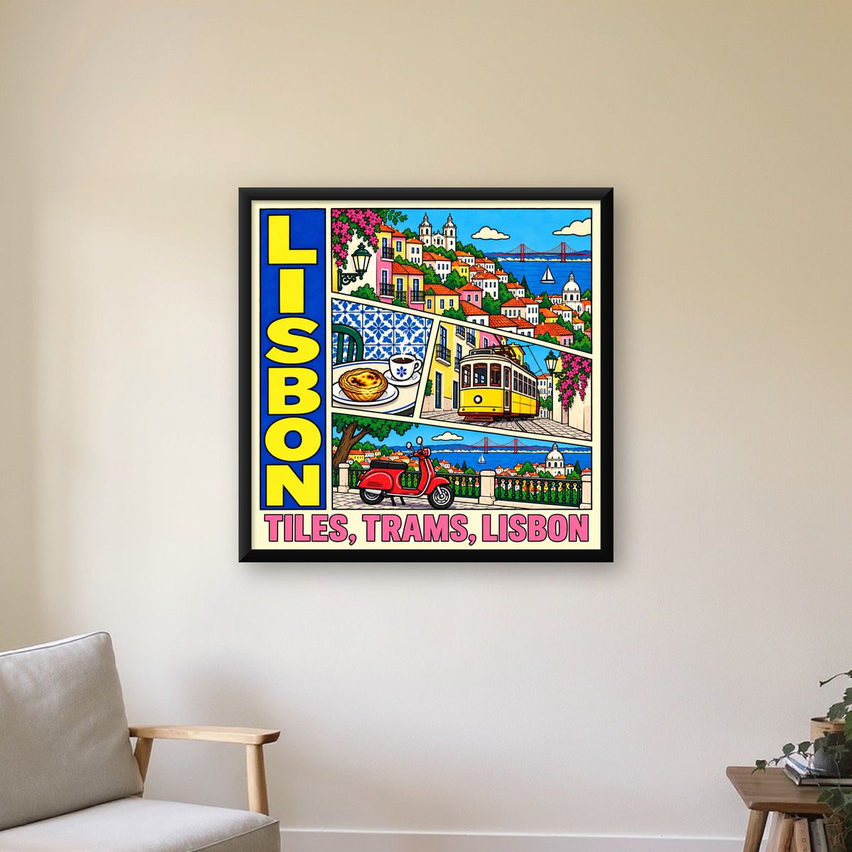 Lizbon Şehri Manzarası Çizgi Roman Stil Poster — Kare baskı, çerçeveli hâliyle bir ev duvarında