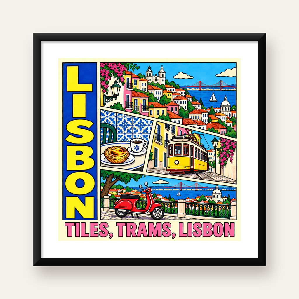 Lizbon Şehri Manzarası Çizgi Roman Stil Poster — Kare baskı, beyaz paspartulu