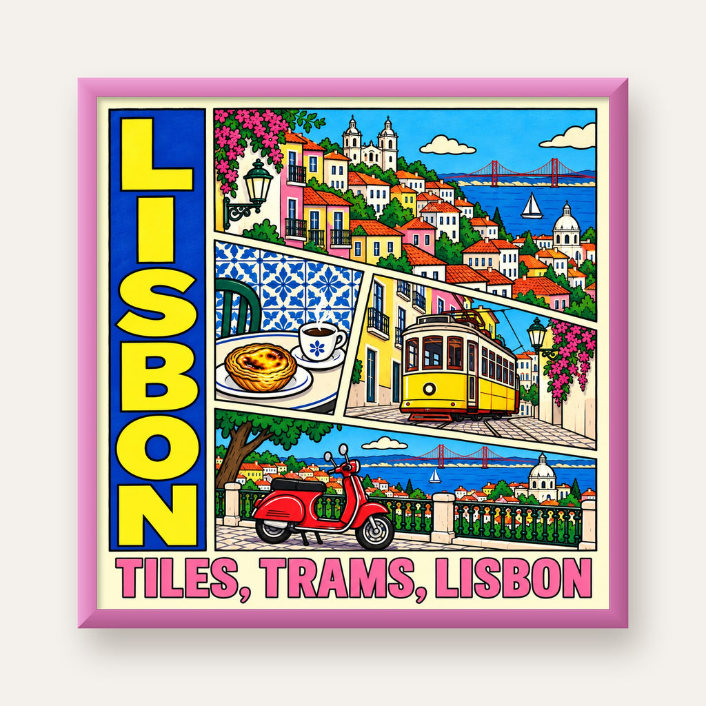 Lizbon Şehri Manzarası Çizgi Roman Stil Poster — pembe çerçeveli