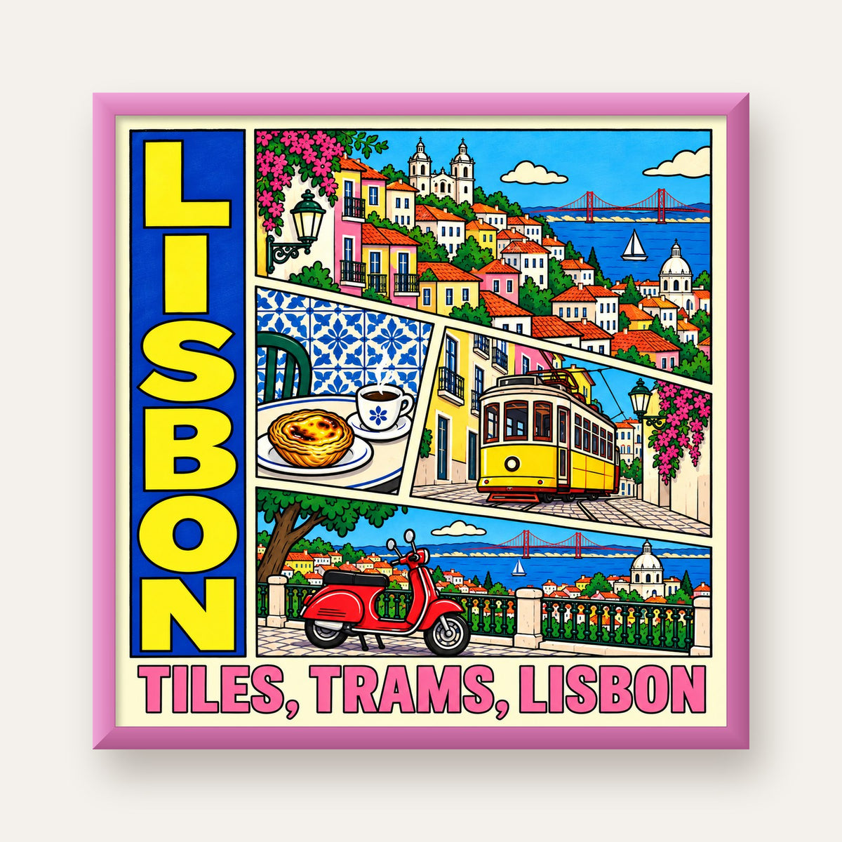 Lizbon Şehri Manzarası Çizgi Roman Stil Poster — pembe çerçeveli