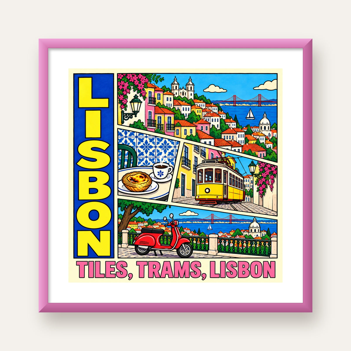 Lizbon Şehri Manzarası Çizgi Roman Stil Poster — pembe çerçeveli paspartulu