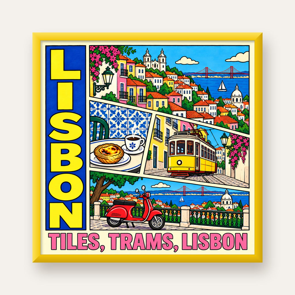Lizbon Şehri Manzarası Çizgi Roman Stil Poster — sarı çerçeveli