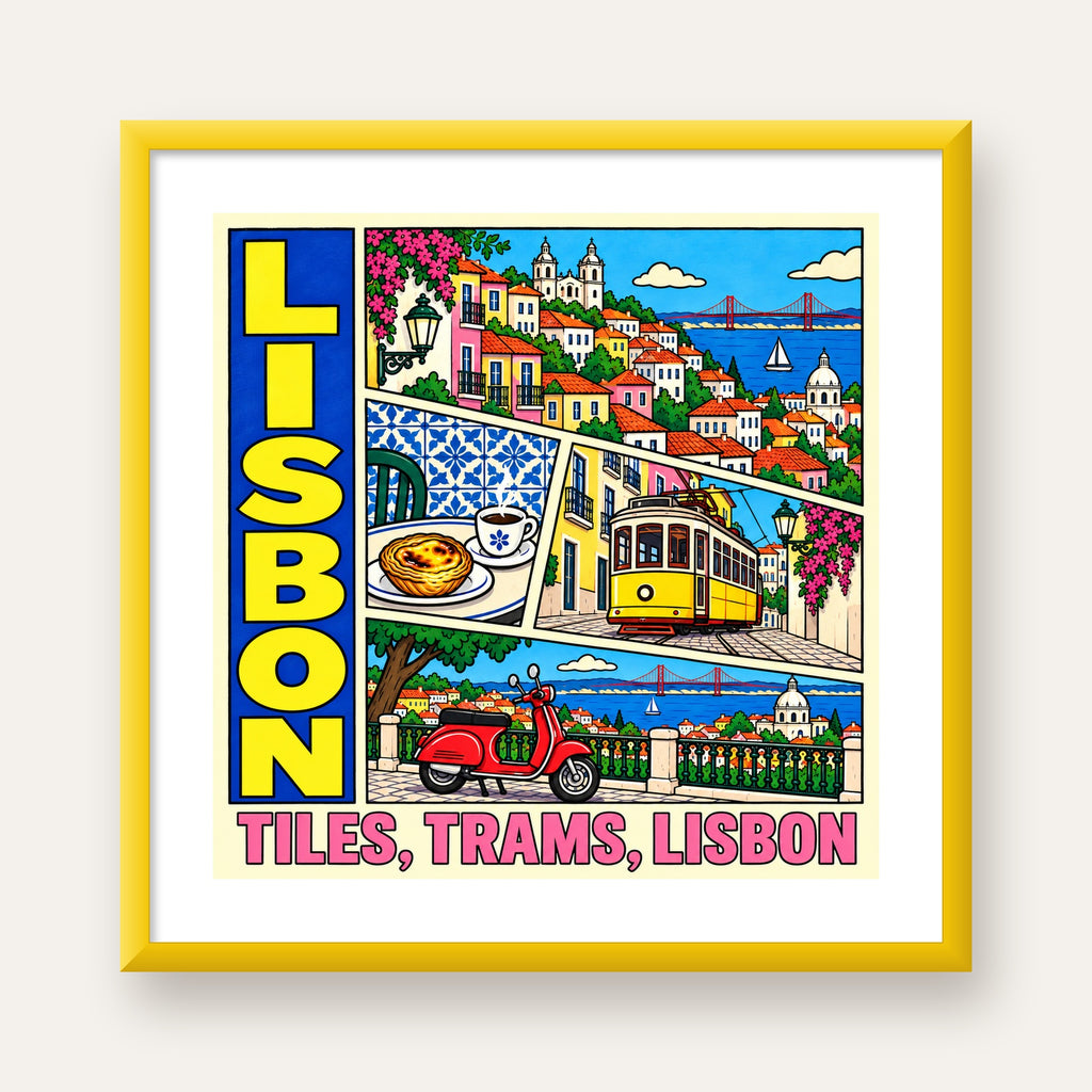 Lizbon Şehri Manzarası Çizgi Roman Stil Poster — sarı çerçeveli paspartulu