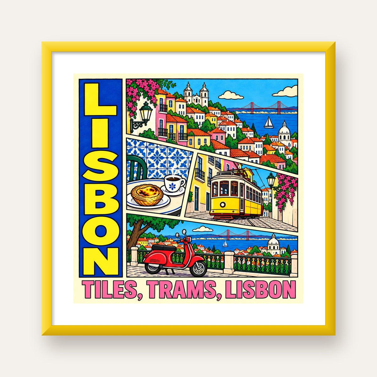 Lizbon Şehri Manzarası Çizgi Roman Stil Poster — sarı çerçeveli paspartulu