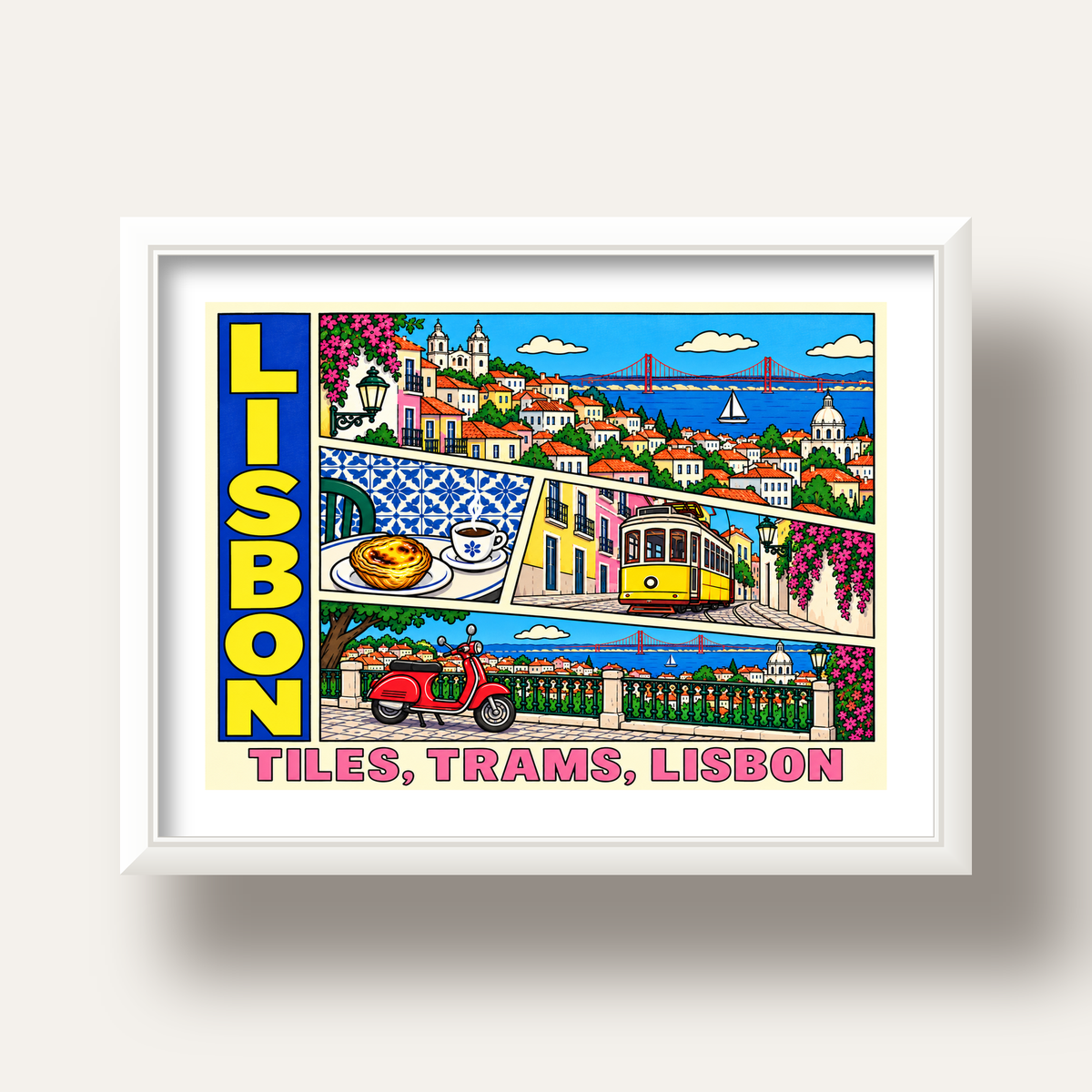 Lizbon Şehri Manzarası Çizgi Roman Stil Poster — beyaz derin çerçeveli paspartulu