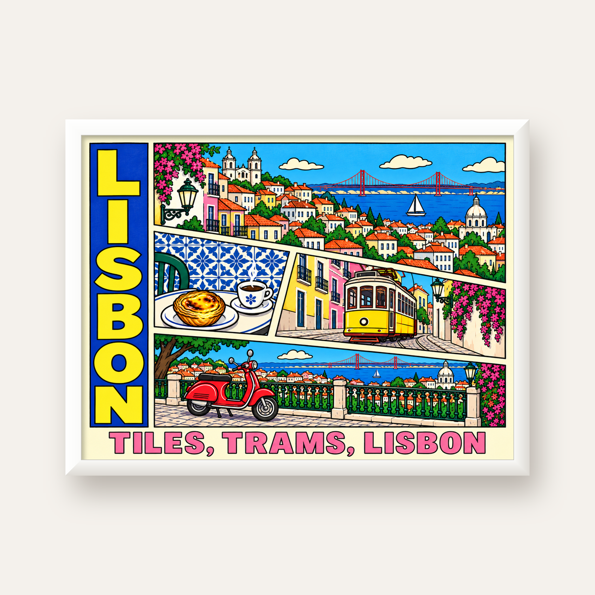 Lizbon Şehri Manzarası Çizgi Roman Stil Poster — beyaz çerçeveli yatay poster