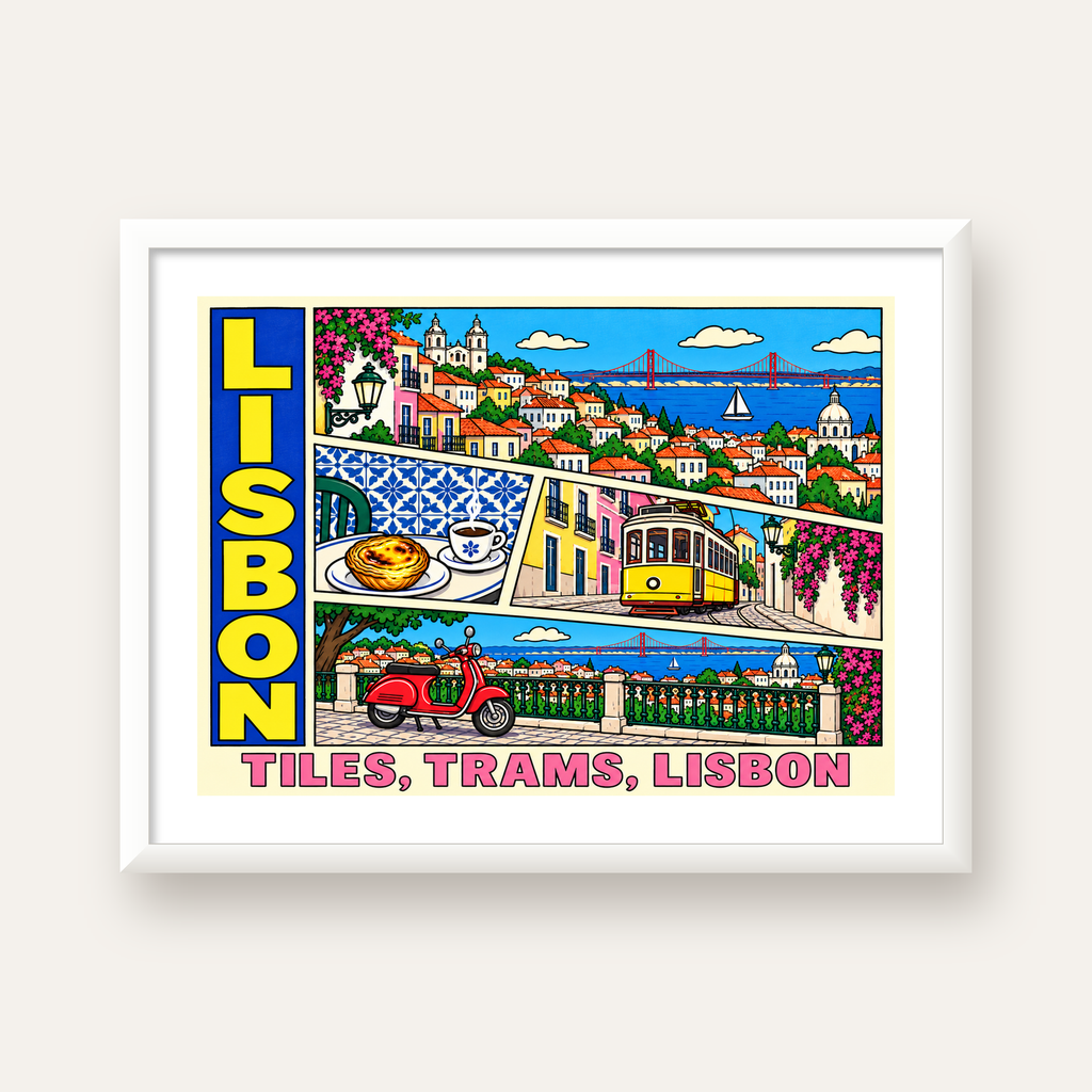 Lizbon Şehri Manzarası Çizgi Roman Stil Poster — beyaz çerçeveli yatay poster