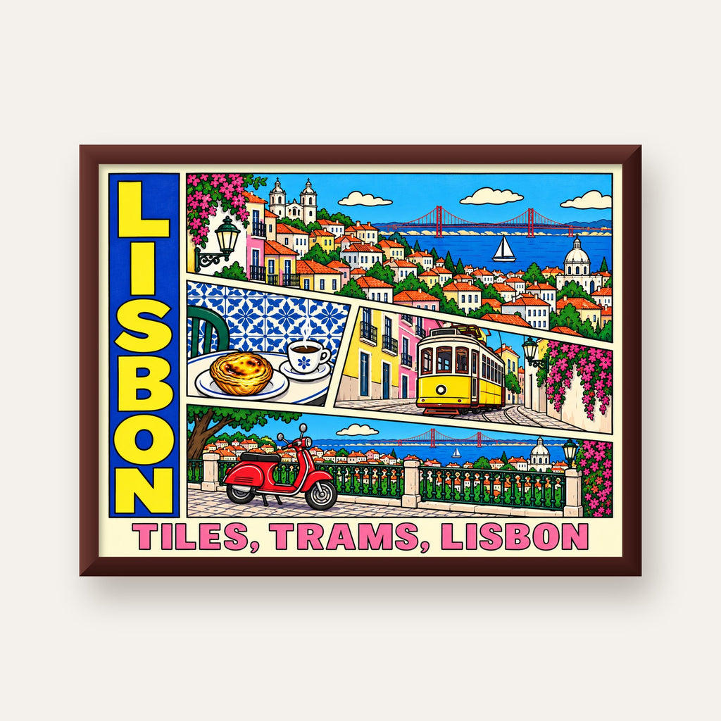 Lizbon Şehri Manzarası Çizgi Roman Stil Poster — ceviz çerçeveli