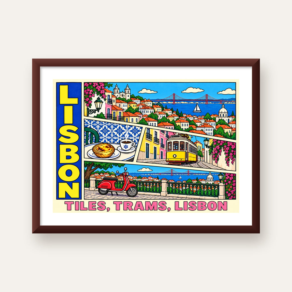 Lizbon Şehri Manzarası Çizgi Roman Stil Poster — ceviz çerçeveli paspartulu