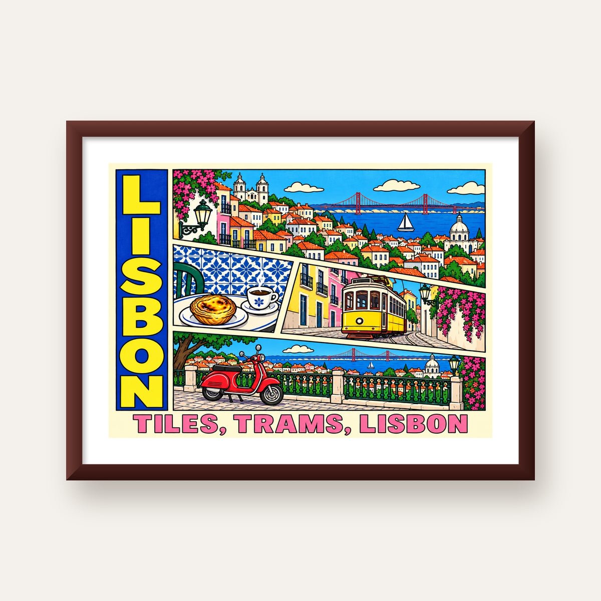 Lizbon Şehri Manzarası Çizgi Roman Stil Poster — ceviz çerçeveli paspartulu