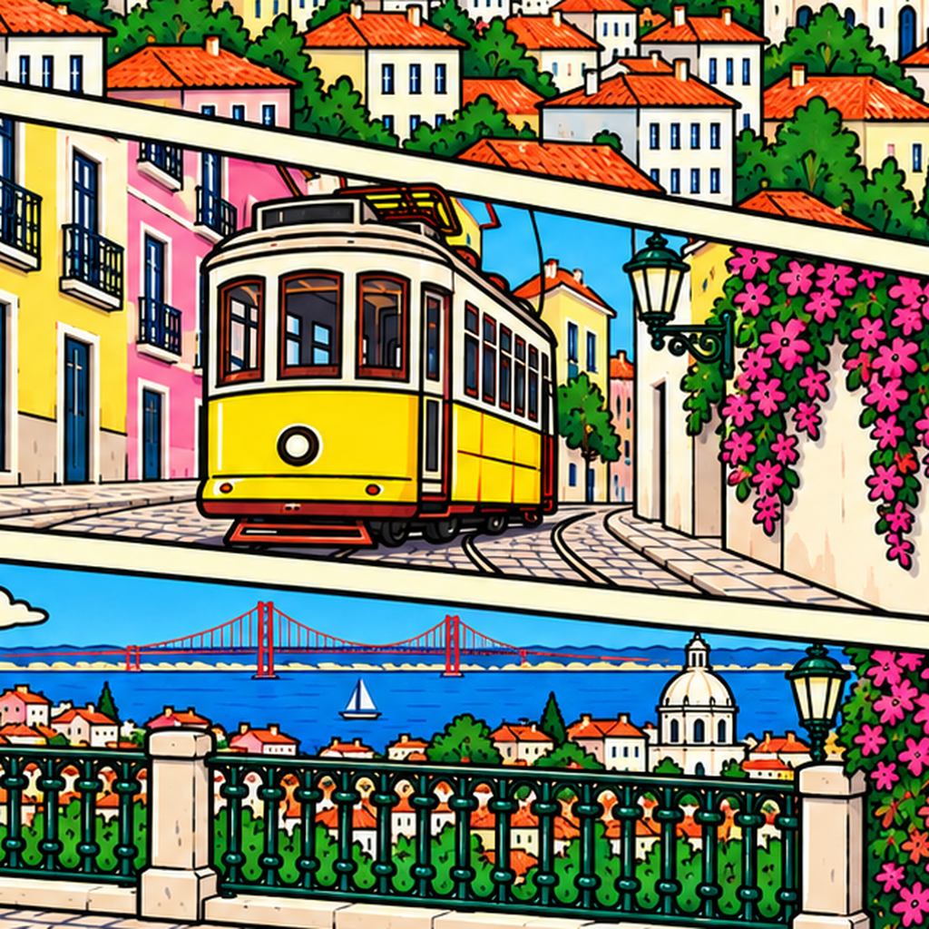 Lizbon Şehri Manzarası Çizgi Roman Stil Poster — baskının yakın çekimi, kâğıt dokusu ve renk detayı