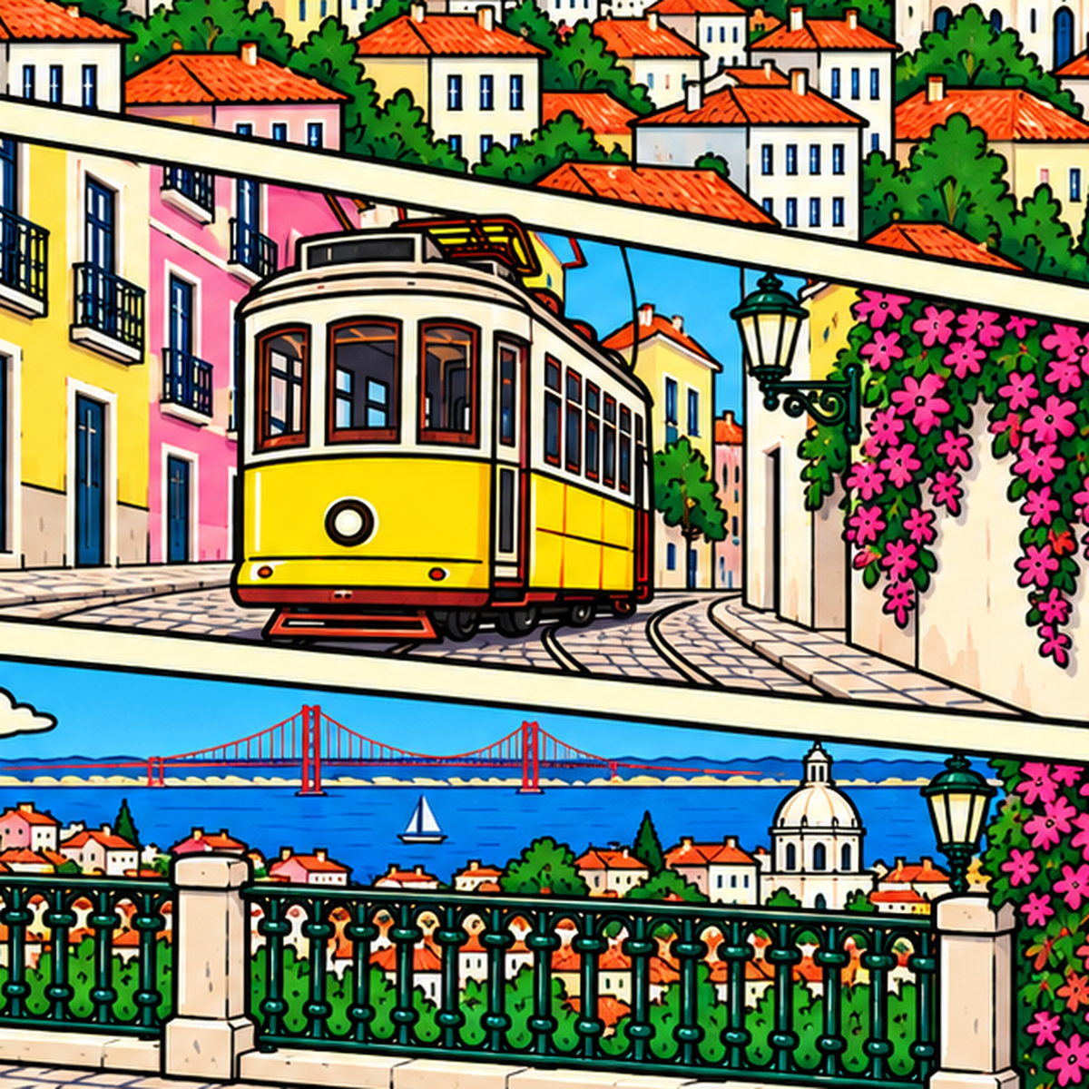 Lizbon Şehri Manzarası Çizgi Roman Stil Poster — baskının yakın çekimi, kâğıt dokusu ve renk detayı