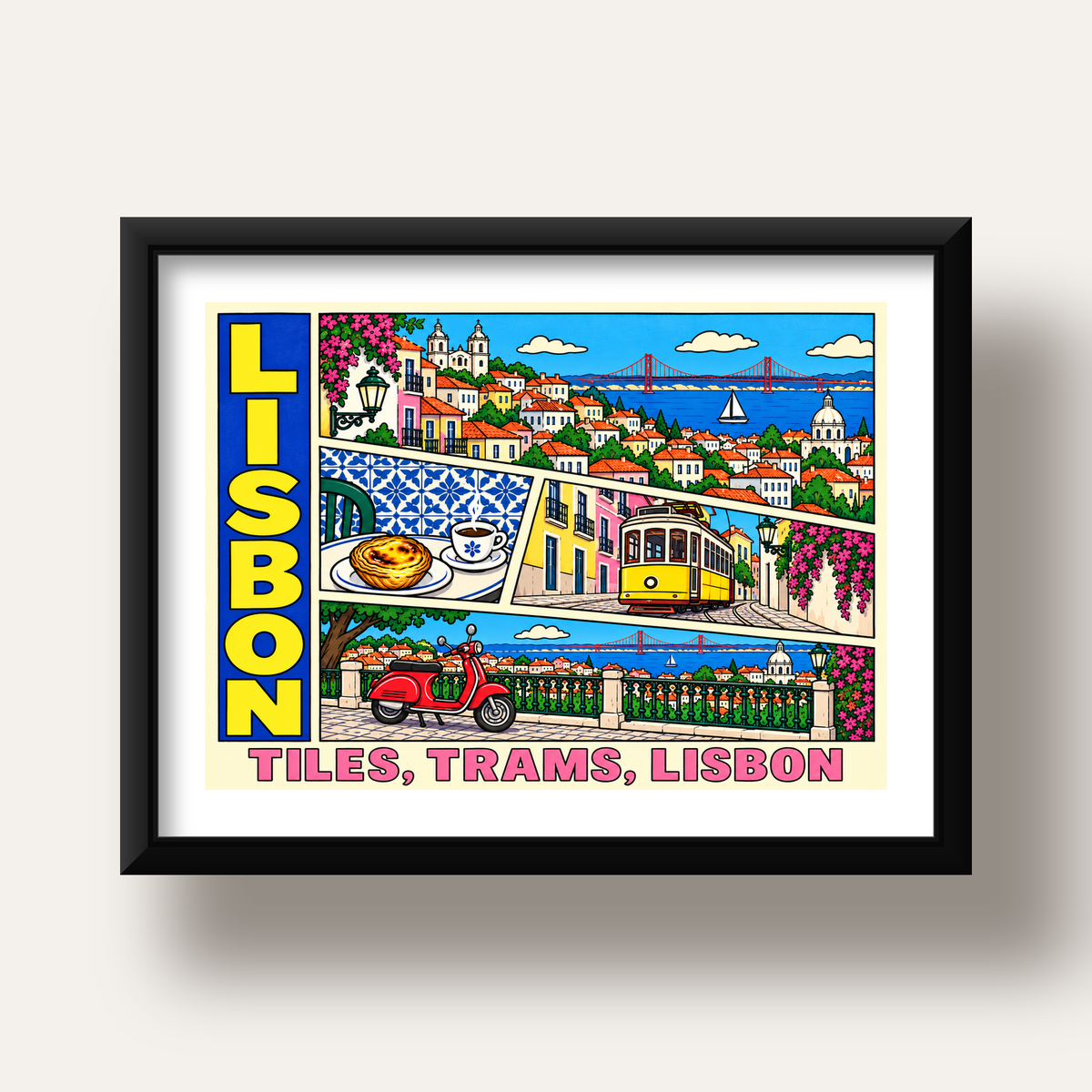 Lizbon Şehri Manzarası Çizgi Roman Stil Poster — siyah derin çerçeveli paspartulu