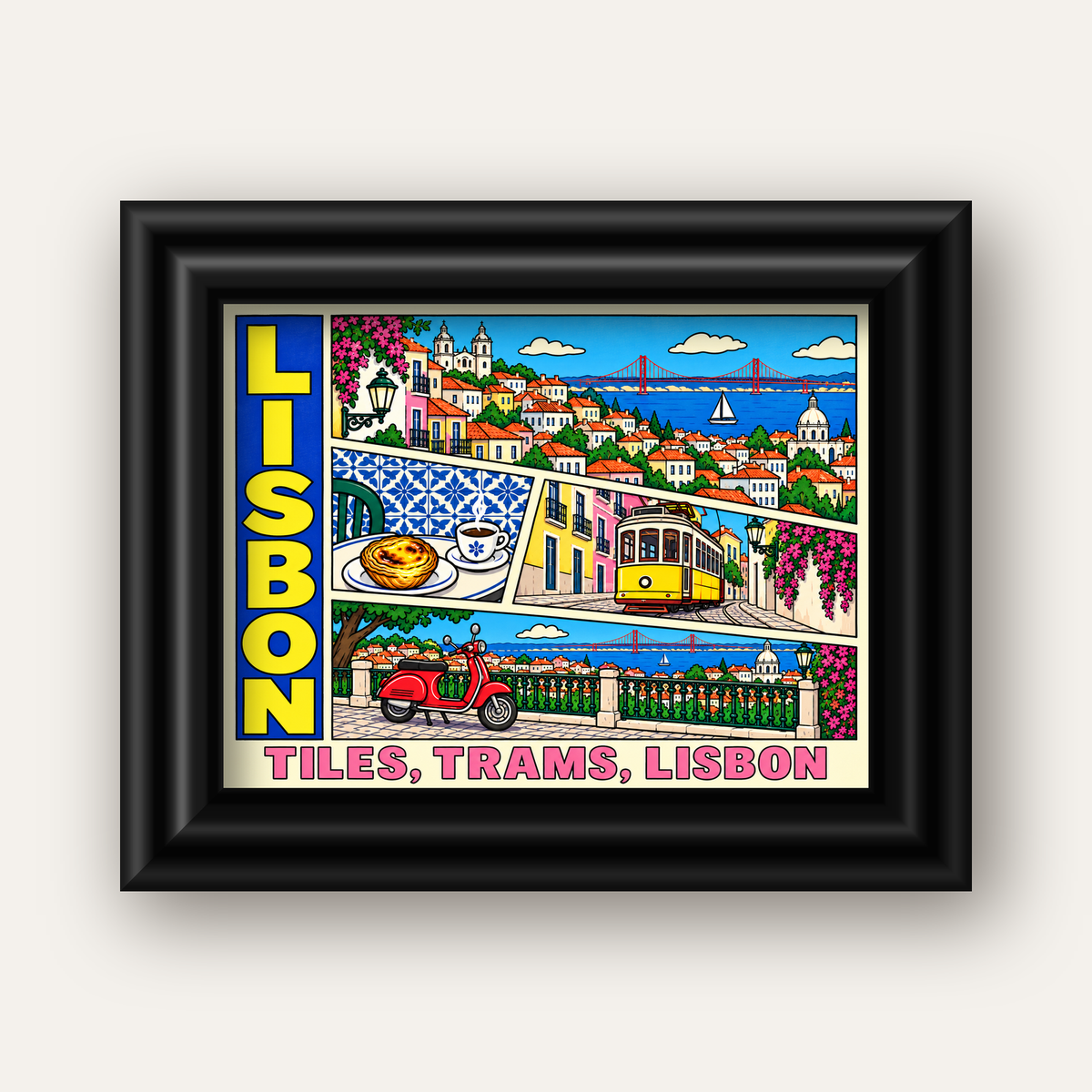 Lizbon Şehri Manzarası Çizgi Roman Stil Poster — siyah galeri çerçeveli