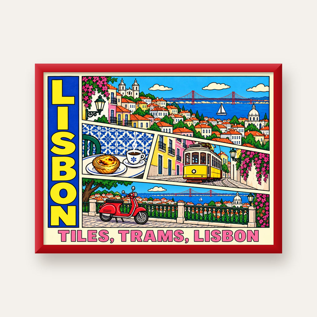 Lizbon Şehri Manzarası Çizgi Roman Stil Poster — kırmızı çerçeveli