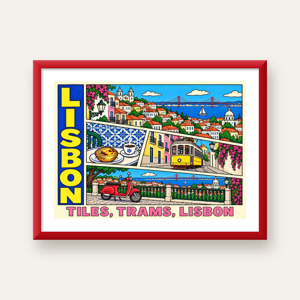 Lizbon Şehri Manzarası Çizgi Roman Stil Poster — kırmızı çerçeveli paspartulu
