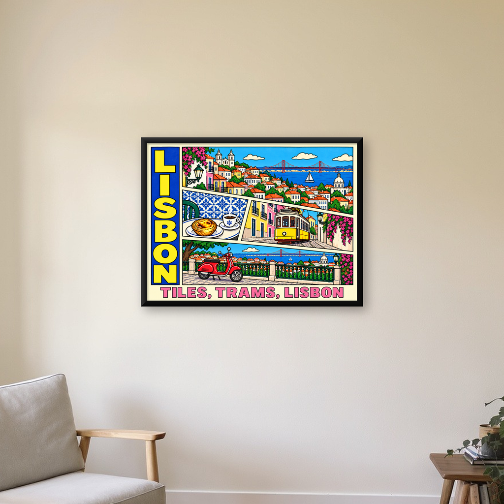 Lizbon Şehri Manzarası Çizgi Roman Stil Poster — Yatay baskı, çerçeveli hâliyle bir ev duvarında