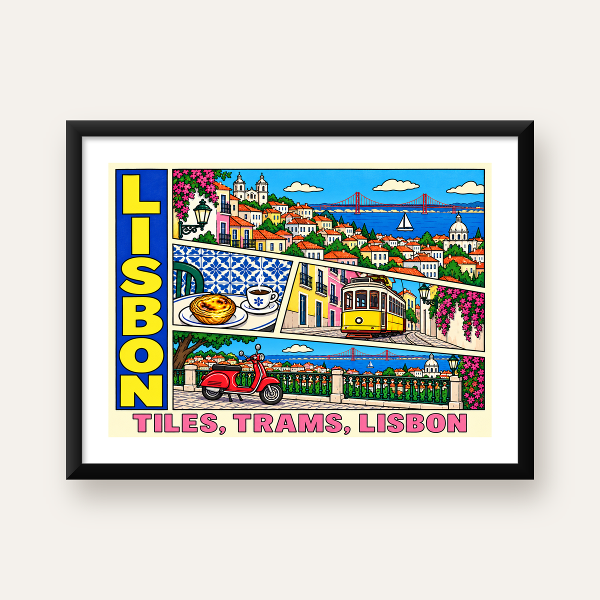 Lizbon Şehri Manzarası Çizgi Roman Stil Poster — Yatay baskı, beyaz paspartulu