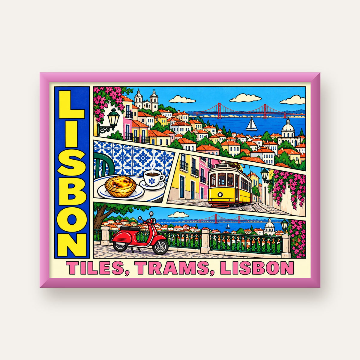 Lizbon Şehri Manzarası Çizgi Roman Stil Poster — pembe çerçeveli