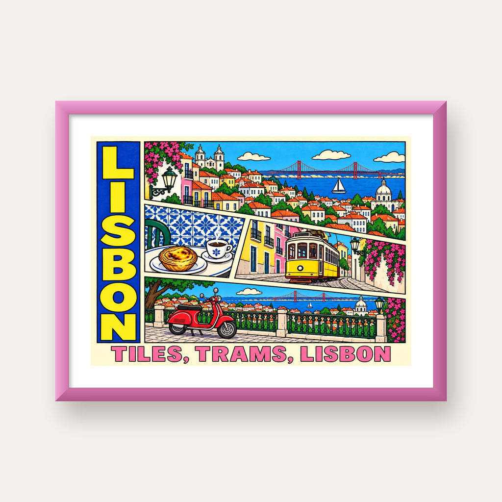 Lizbon Şehri Manzarası Çizgi Roman Stil Poster — pembe çerçeveli paspartulu