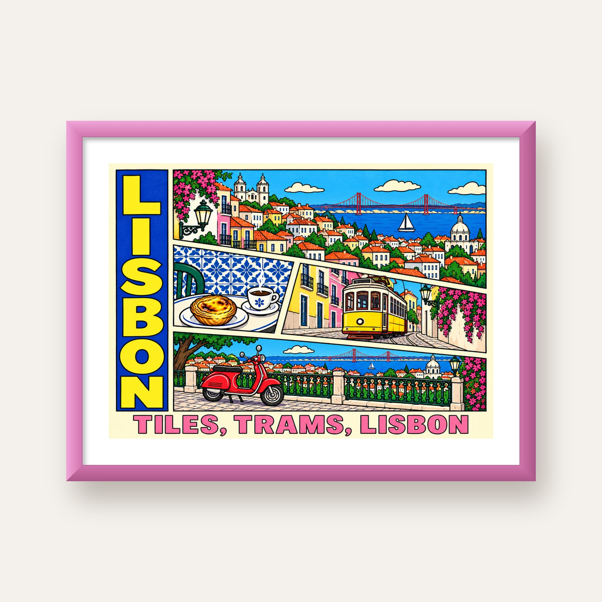 Lizbon Şehri Manzarası Çizgi Roman Stil Poster — pembe çerçeveli paspartulu