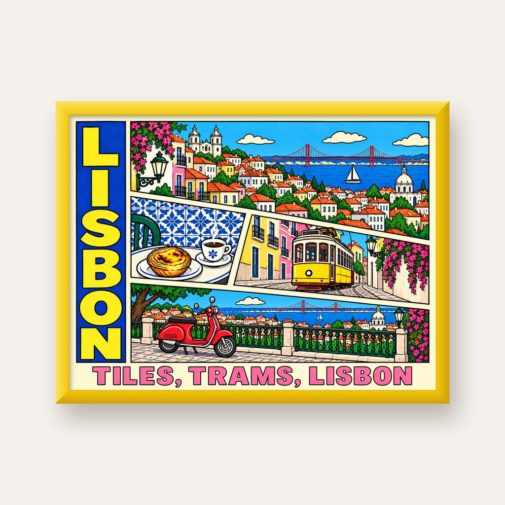 Lizbon Şehri Manzarası Çizgi Roman Stil Poster — sarı çerçeveli