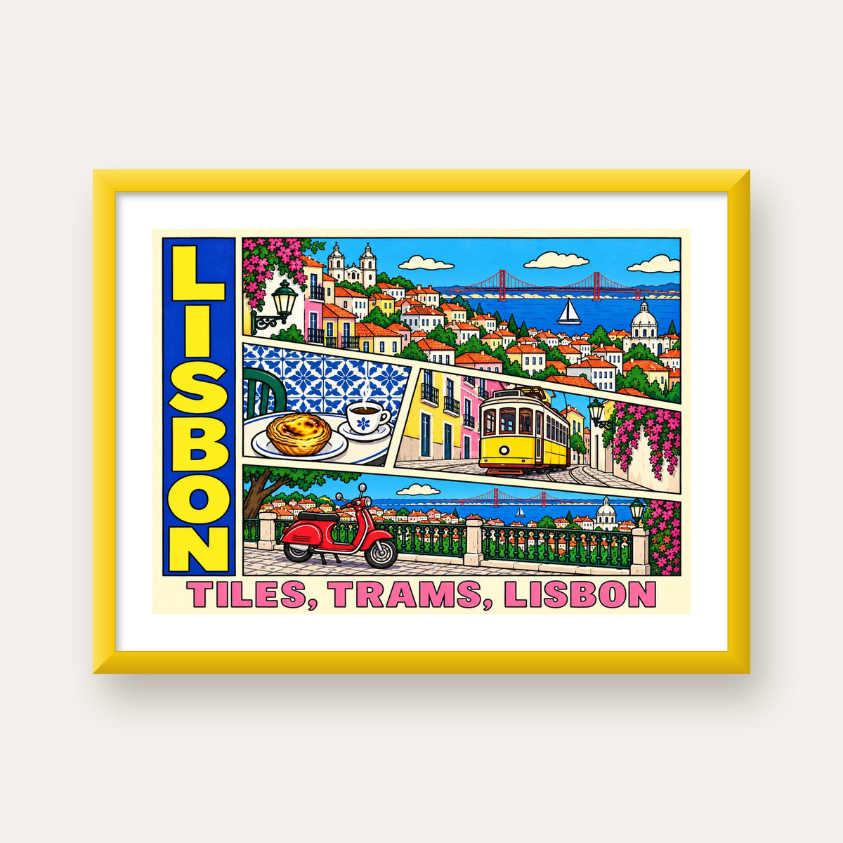 Lizbon Şehri Manzarası Çizgi Roman Stil Poster — sarı çerçeveli paspartulu