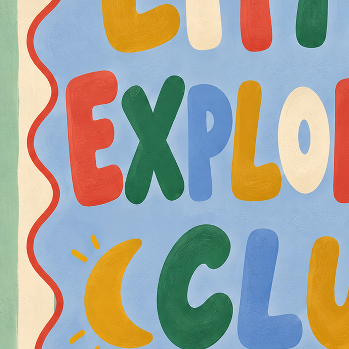 Little Explorers Club Çocuk Odası Poster Sanat Baskısı — baskının yakın çekimi, kâğıt dokusu ve renk detayı