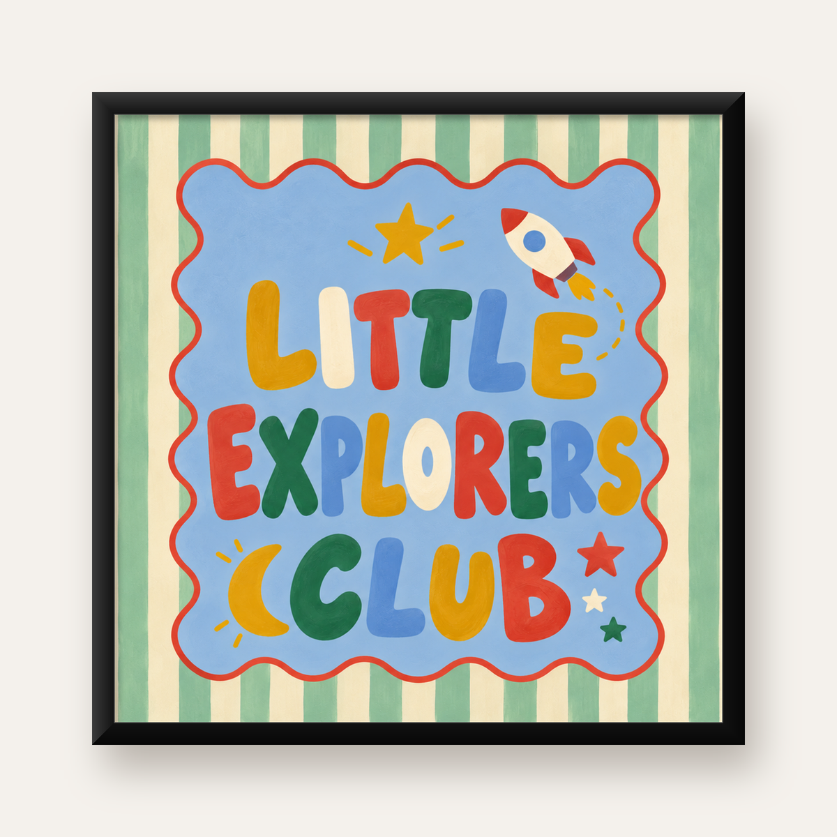 Little Explorers Club Çocuk Odası Poster Sanat Baskısı — Kare baskı, düz siyah çerçeveli duvar posteri
