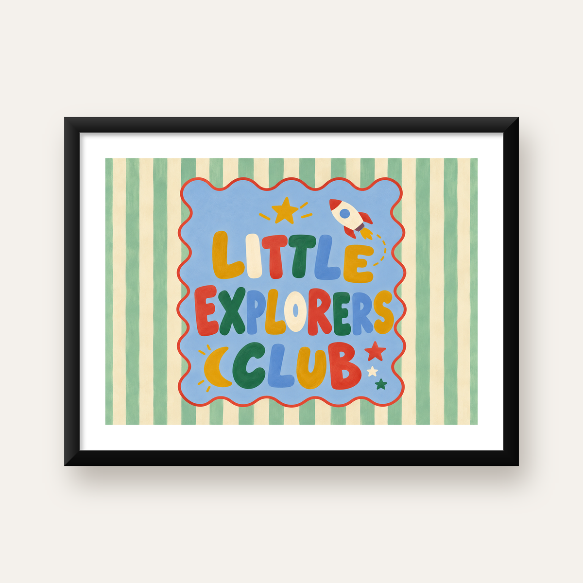 Little Explorers Club Çocuk Odası Poster Sanat Baskısı — Yatay baskı, beyaz kenar boşluklu
