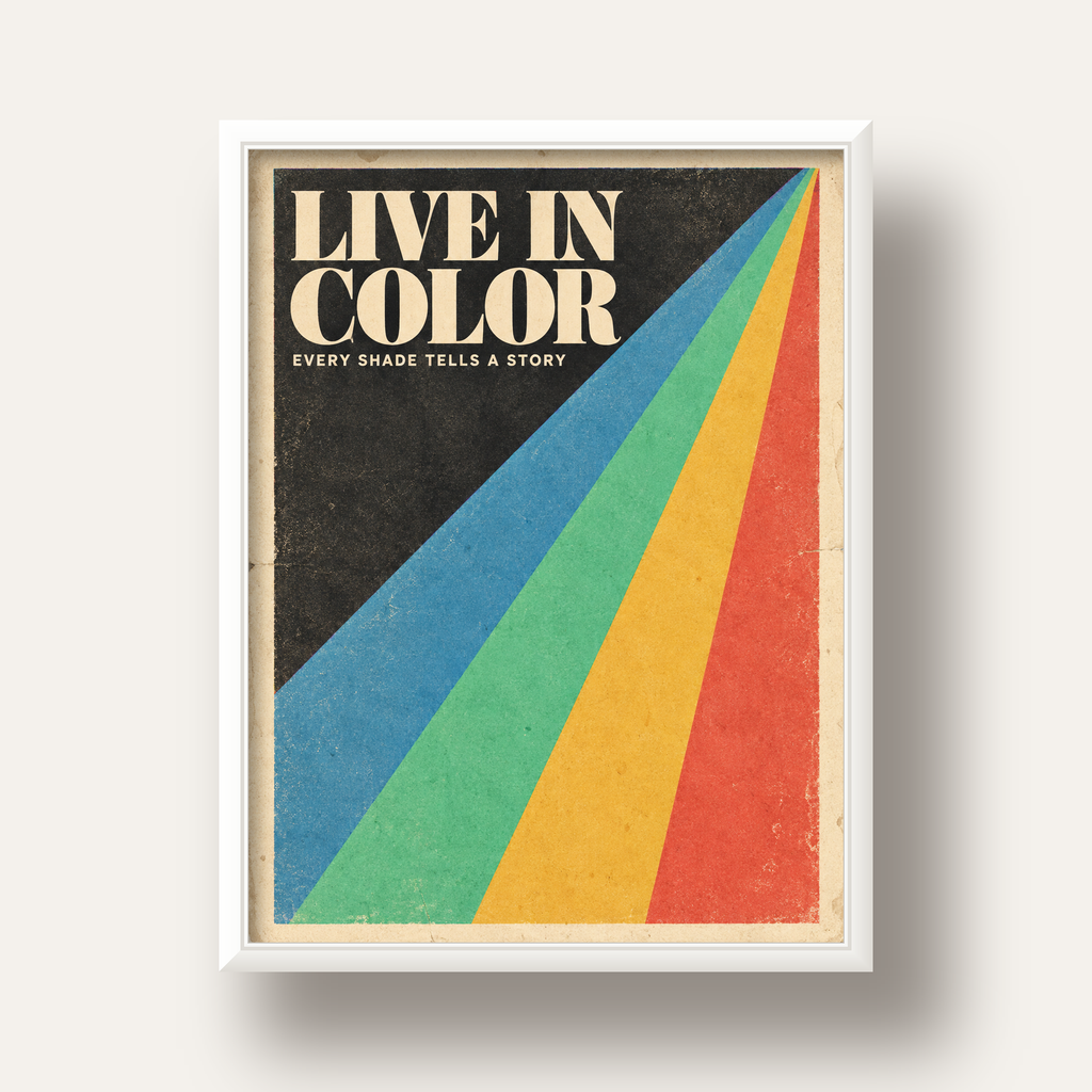Retro Renkli Geometrik 'Live In Color' Poster Baskısı — beyaz derin çerçeveli