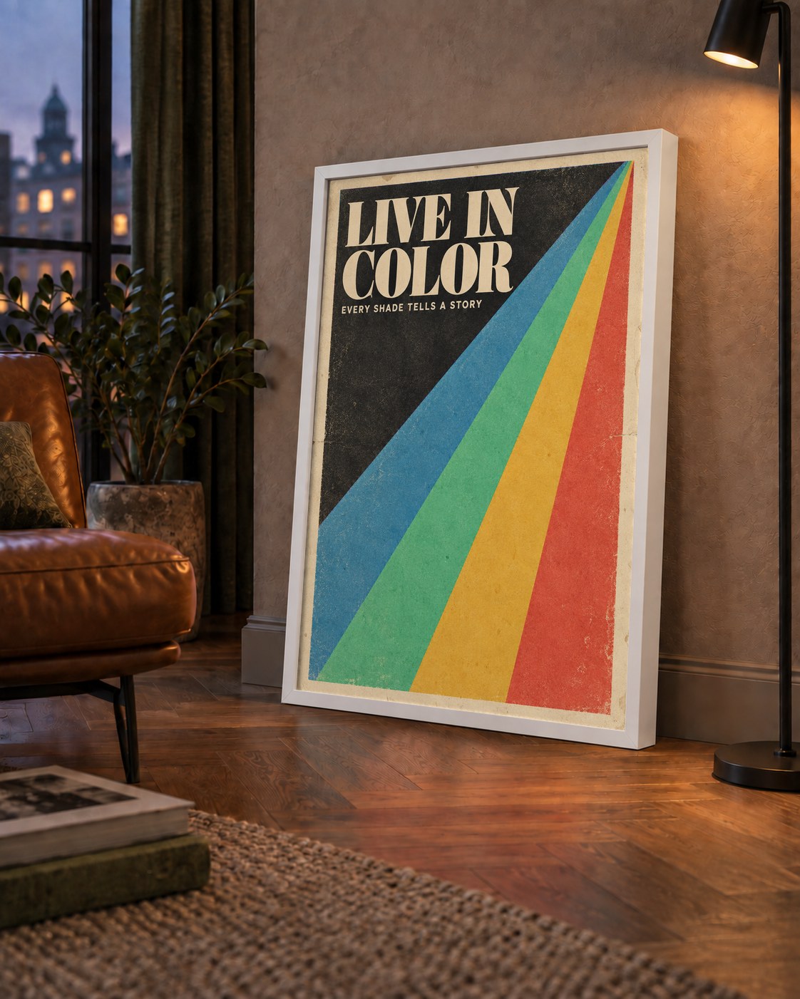 Retro Renkli Geometrik 'Live In Color' Poster Baskısı — çerçeveli hâliyle bir ev duvarında