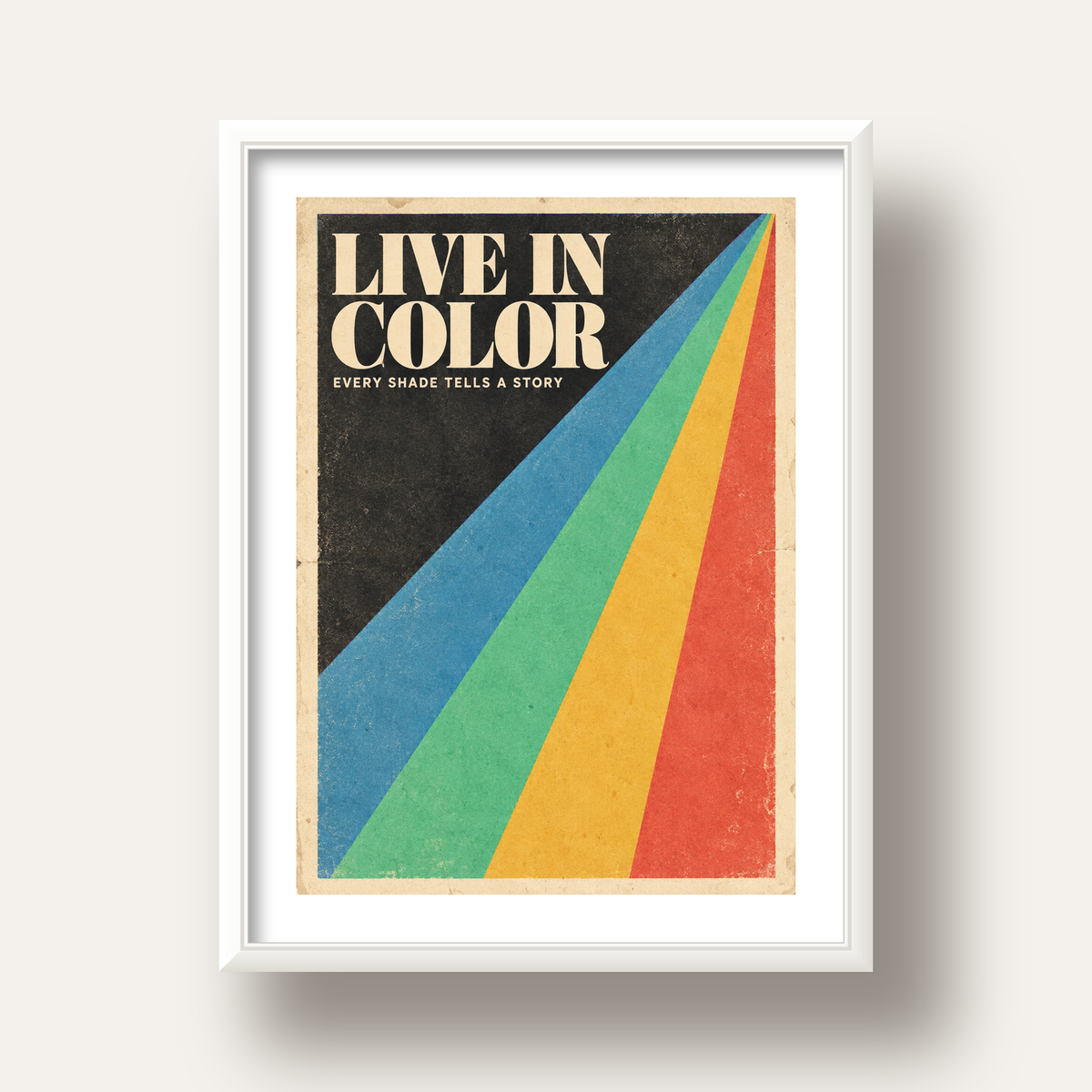 Retro Renkli Geometrik 'Live In Color' Poster Baskısı — beyaz derin çerçeveli paspartulu