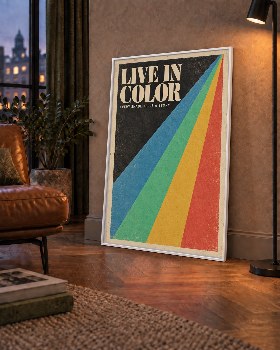 Retro Renkli Geometrik 'Live In Color' Poster Baskısı — çerçeveli hâliyle bir ev duvarında