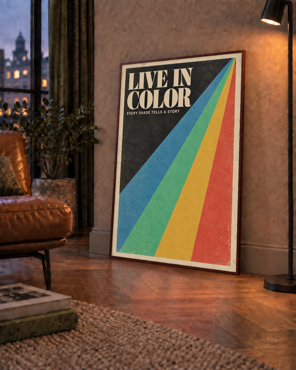 Retro Renkli Geometrik 'Live In Color' Poster Baskısı — çerçeveli hâliyle bir ev duvarında