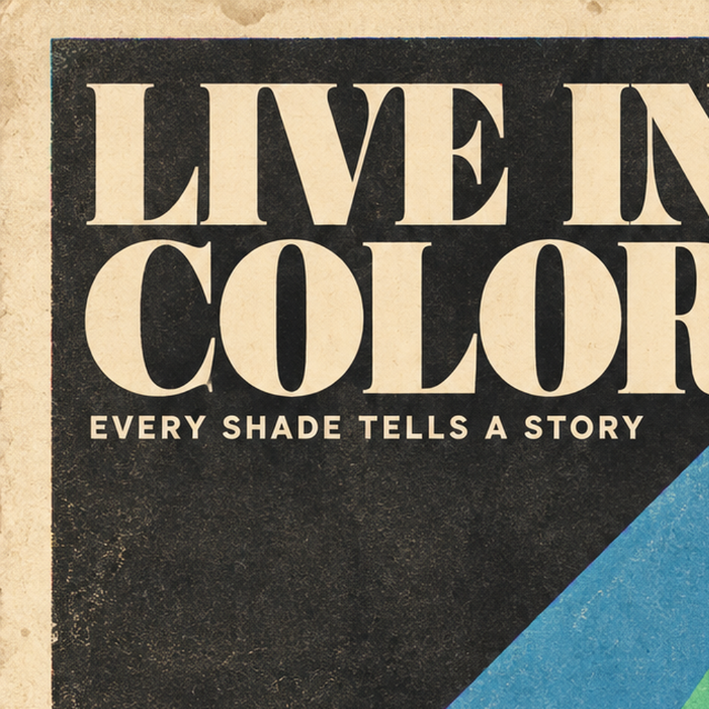 Retro Renkli Geometrik 'Live In Color' Poster Baskısı — baskının yakın çekimi, kâğıt dokusu ve renk detayı