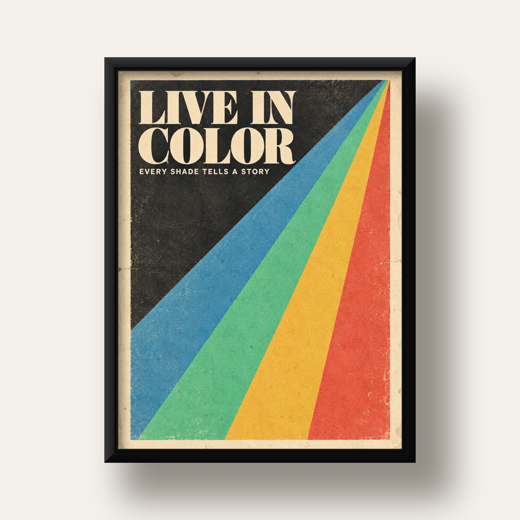 Retro Renkli Geometrik 'Live In Color' Poster Baskısı — siyah derin çerçeveli