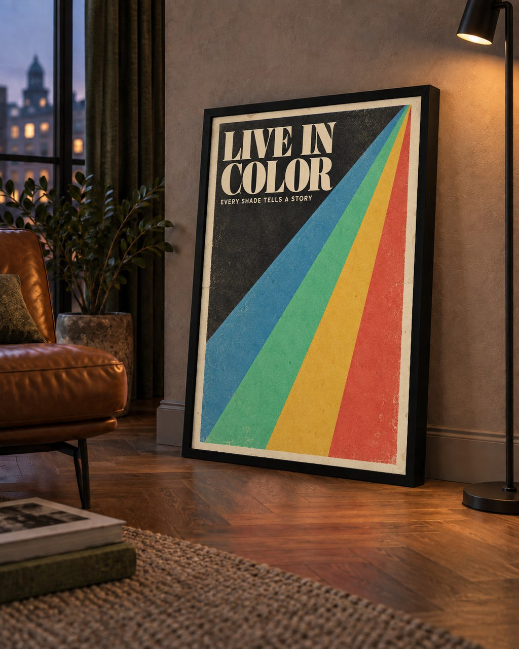 Retro Renkli Geometrik 'Live In Color' Poster Baskısı — çerçeveli hâliyle bir ev duvarında