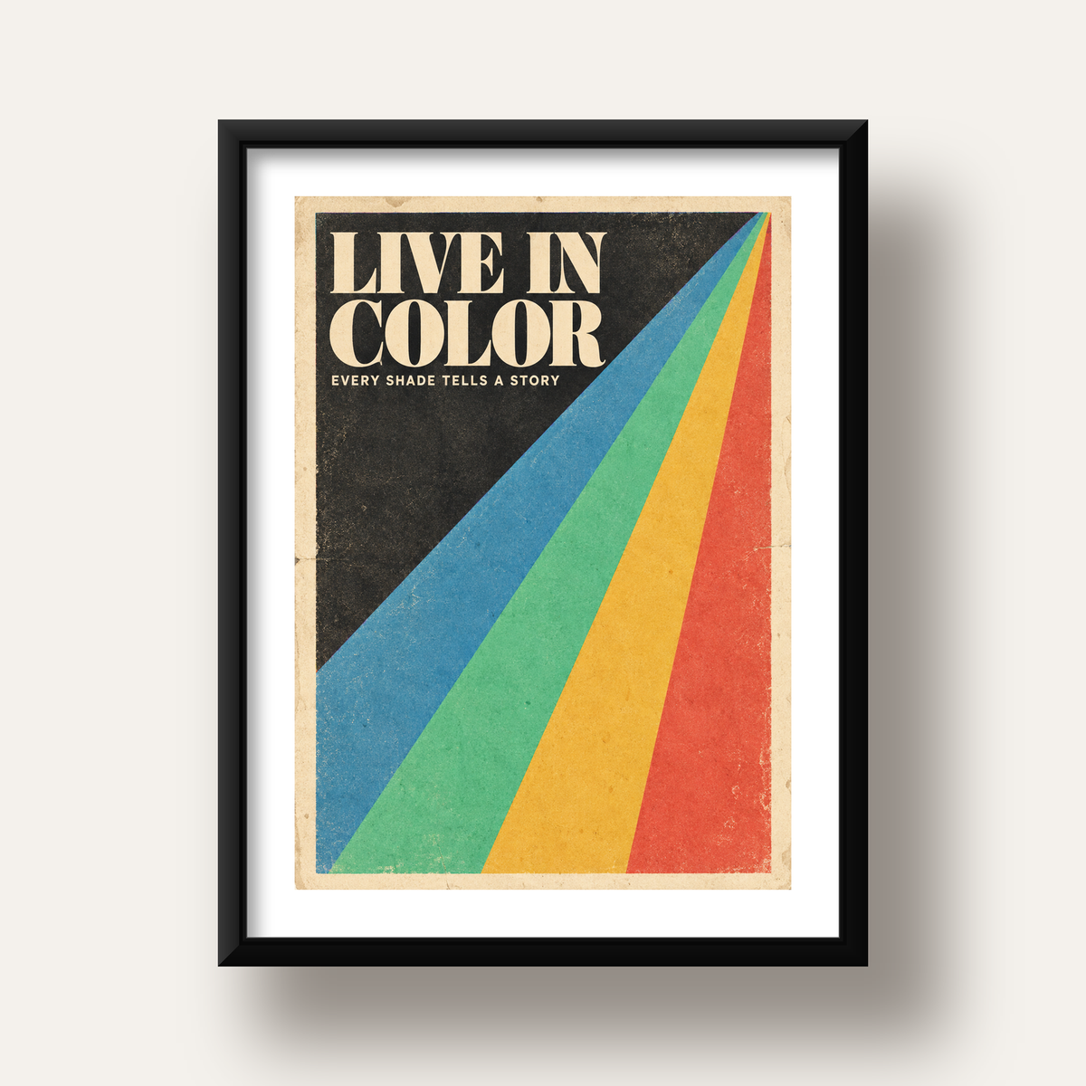 Retro Renkli Geometrik 'Live In Color' Poster Baskısı — siyah derin çerçeveli paspartulu