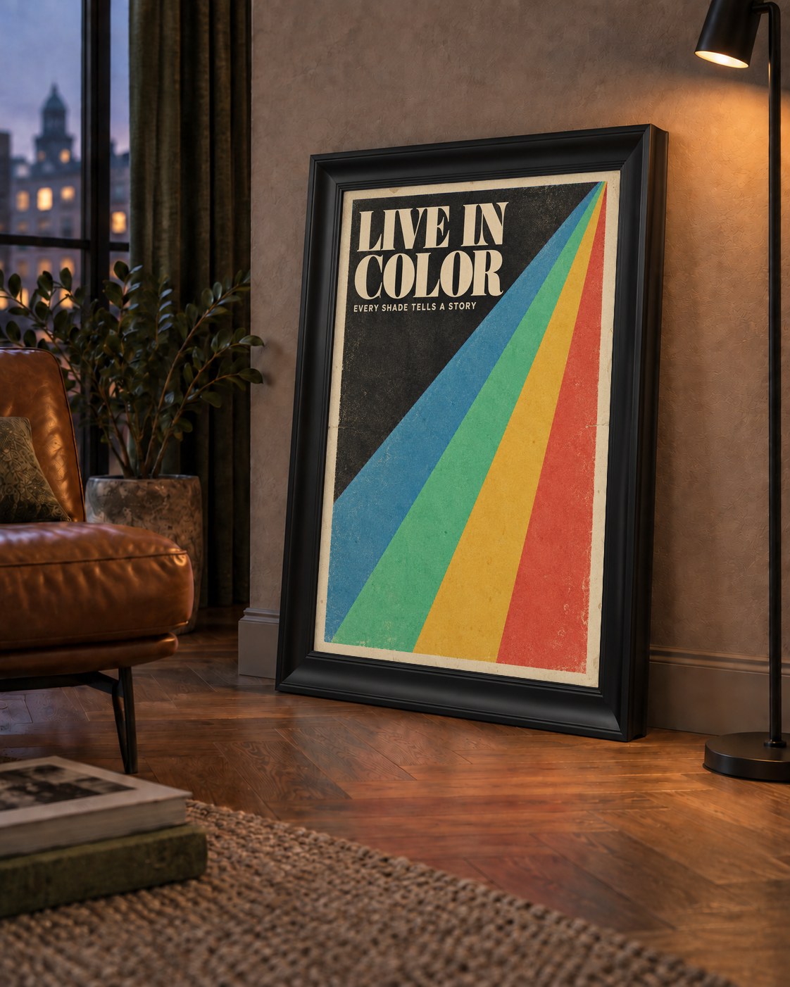 Retro Renkli Geometrik 'Live In Color' Poster Baskısı — çerçeveli hâliyle bir ev duvarında