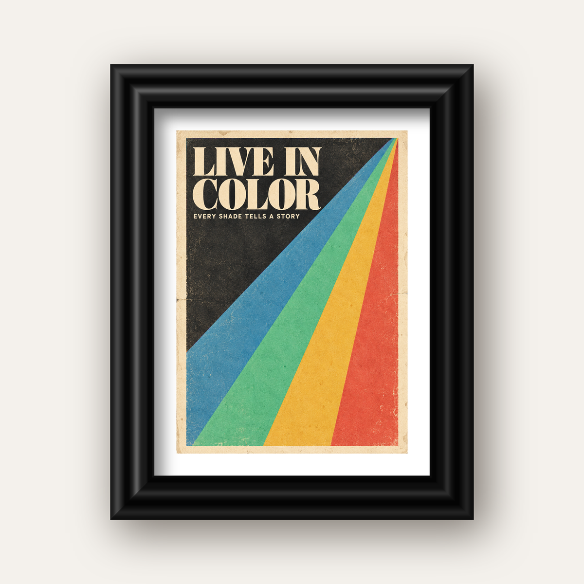Retro Renkli Geometrik 'Live In Color' Poster Baskısı — siyah galeri çerçeveli paspartulu