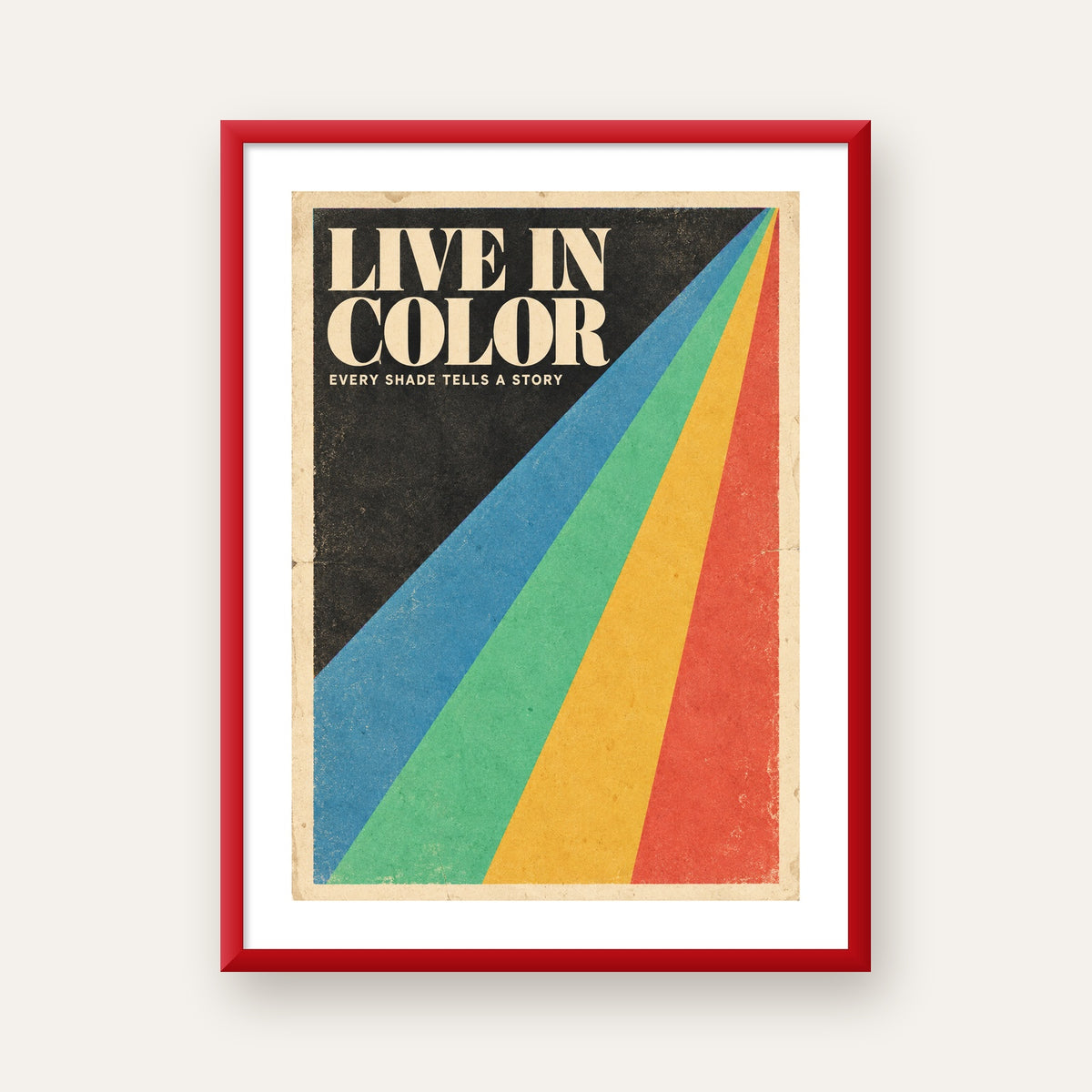 Retro Renkli Geometrik 'Live In Color' Poster Baskısı — kırmızı çerçeveli paspartulu