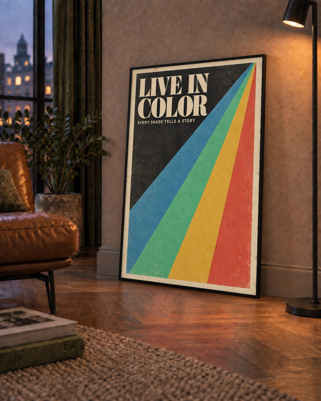 Retro Renkli Geometrik 'Live In Color' Poster Baskısı — çerçeveli hâliyle bir ev duvarında
