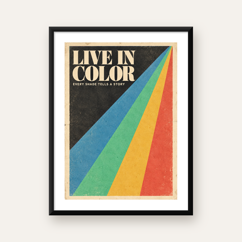 Retro Renkli Geometrik 'Live In Color' Poster Baskısı — Dikey baskı, beyaz paspartulu