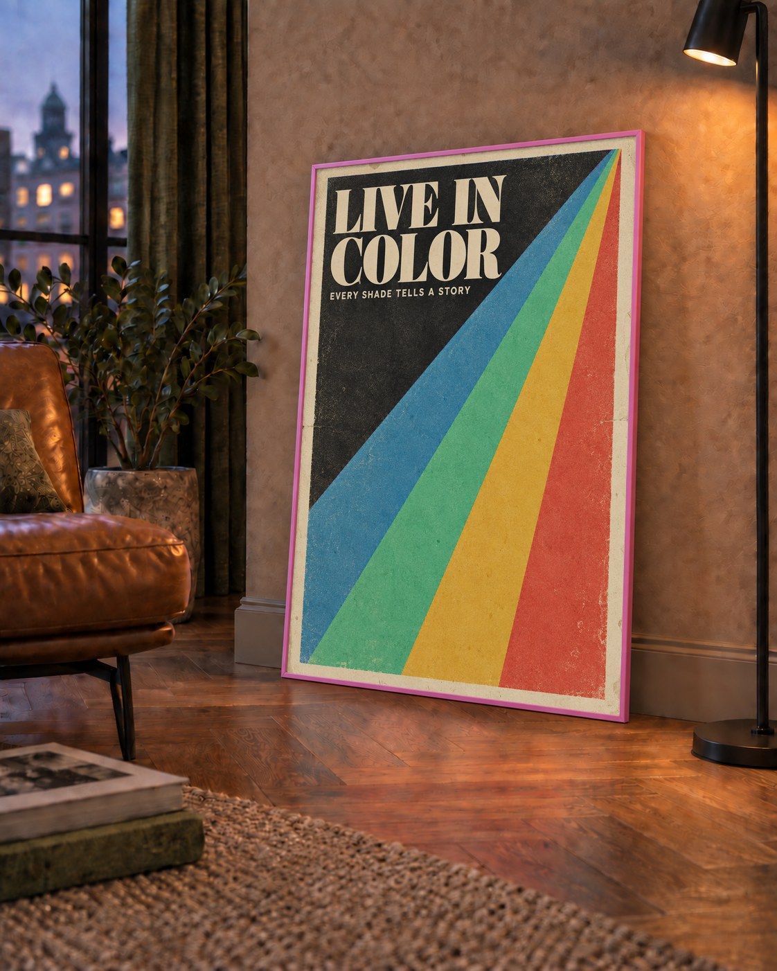 Retro Renkli Geometrik 'Live In Color' Poster Baskısı — çerçeveli hâliyle bir ev duvarında