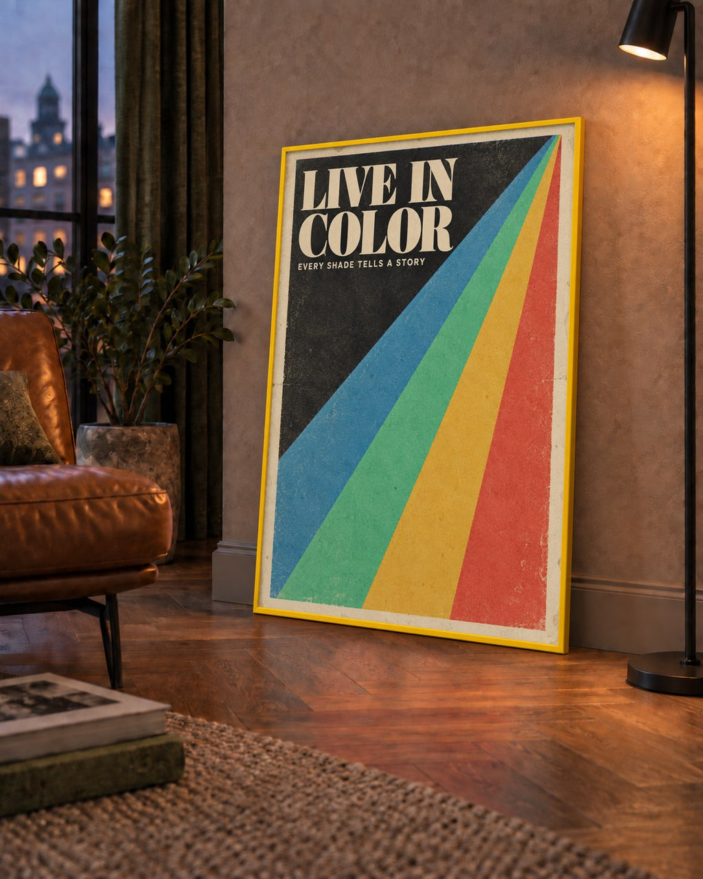 Retro Renkli Geometrik 'Live In Color' Poster Baskısı — çerçeveli hâliyle bir ev duvarında