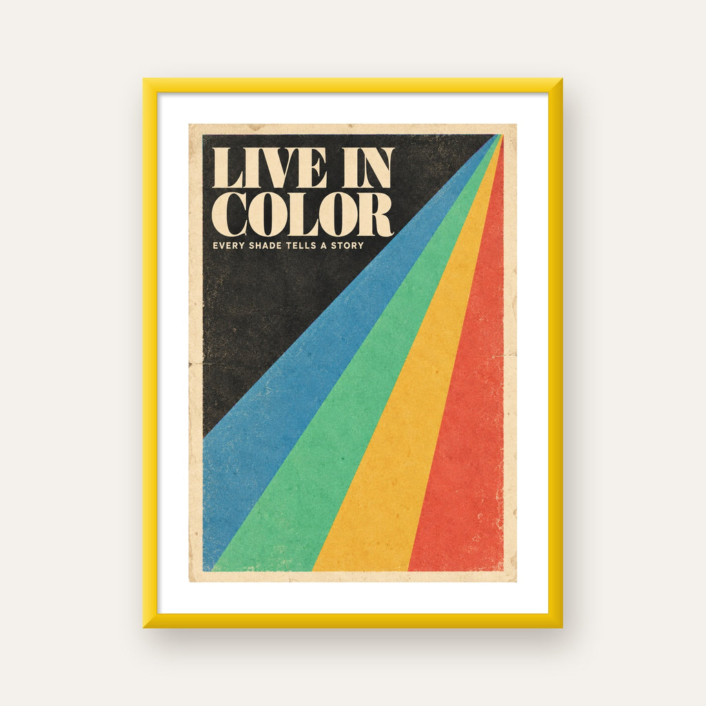 Retro Renkli Geometrik 'Live In Color' Poster Baskısı — sarı çerçeveli paspartulu