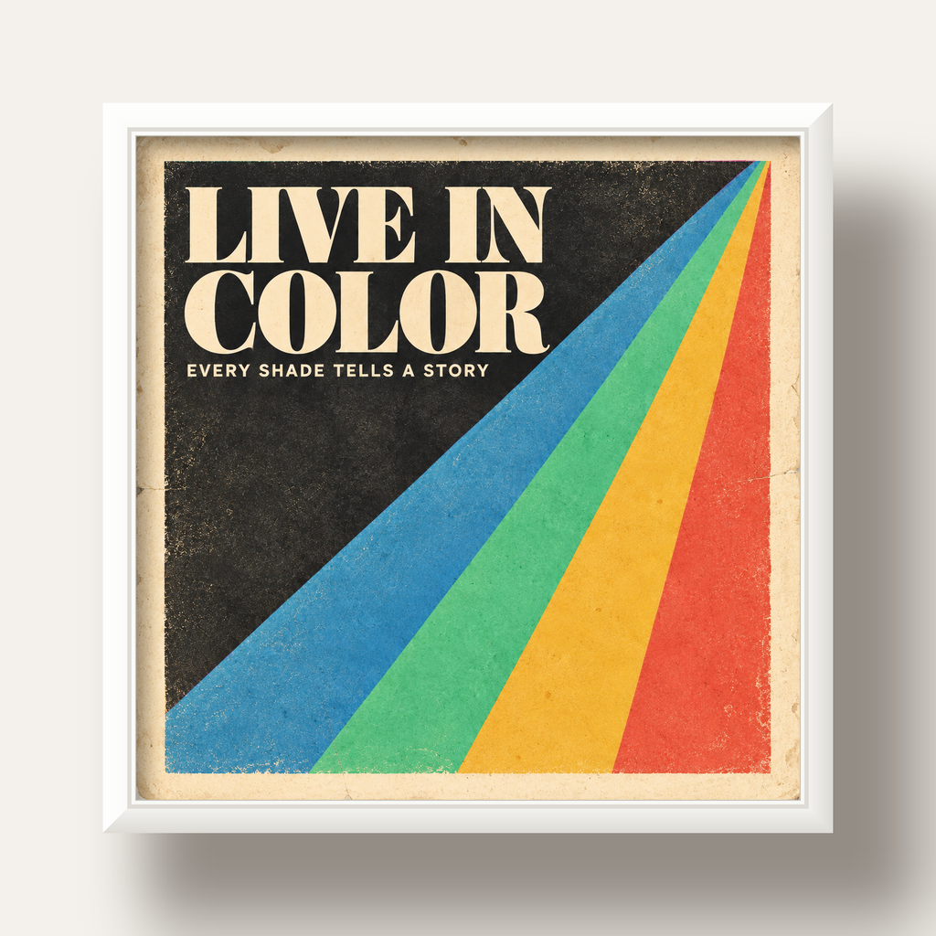 Retro Renkli Geometrik 'Live In Color' Poster Baskısı — beyaz derin çerçeveli