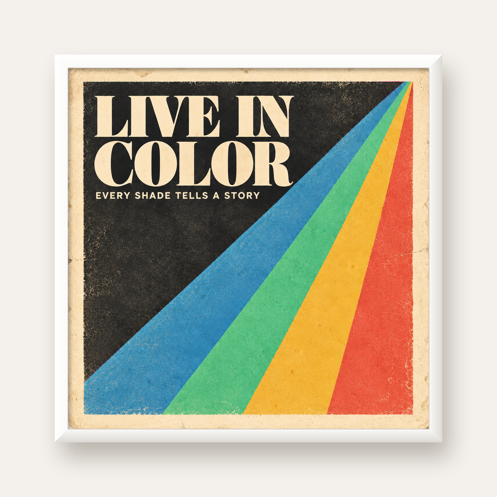 Retro Renkli Geometrik 'Live In Color' Poster Baskısı — beyaz çerçeveli kare poster